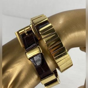 Michael Kors Gold Bracelet  Sliding Medal Wrap Brown Croc Embossed Leather